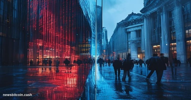Cinematic photorealistic editorial photograph of a split-screen financial crisis scene: on the left, the illuminated facade o