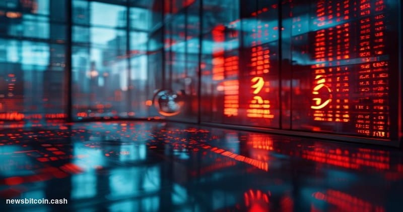 Cinematic photorealistic editorial photograph shot at a low angle from a trading floor foreground, with glowing red digital t