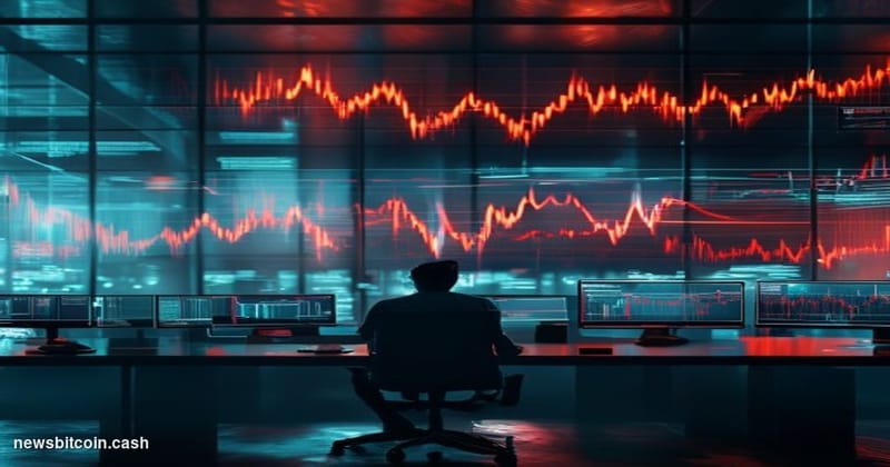 A cinematic photorealistic editorial photograph of a trading floor environment with multiple glowing screens displaying red d
