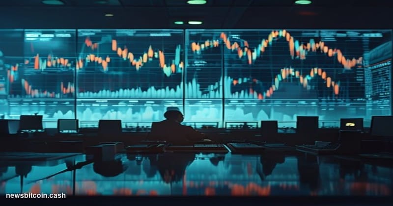 Cinematic photorealistic editorial photograph of a large financial trading floor at dusk, screens displaying Bitcoin price ch