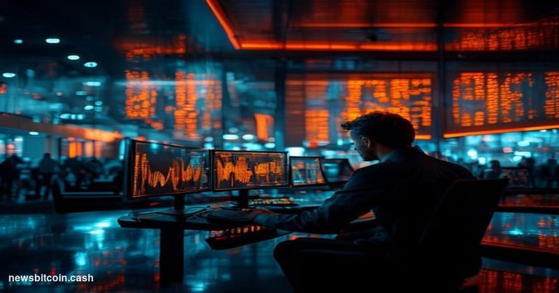 Cinematic photorealistic editorial photograph of a dramatic Wall Street trading floor environment at night, with large digita