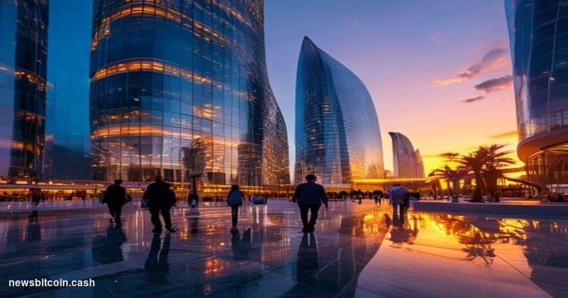 Cinematic photorealistic editorial photograph of the Abu Dhabi Global Market Square at dusk, shot from a low angle looking up