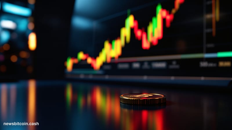 Cinematic photorealistic editorial photograph of a large trading terminal display in a dimly lit professional dealing room, s