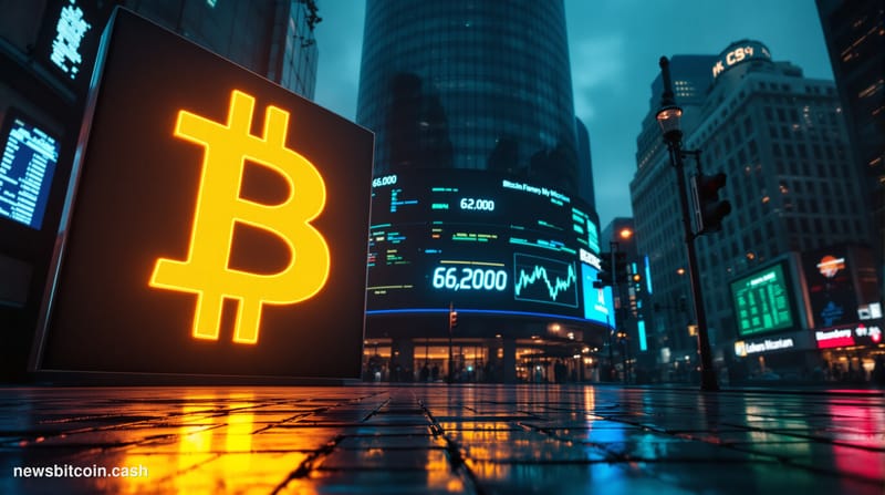 Cinematic photorealistic editorial photograph of a large illuminated Bitcoin symbol displayed on an outdoor financial distric
