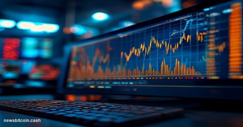 Cinematic photorealistic editorial photograph of a large curved financial trading floor monitor displaying a sharply ascendin