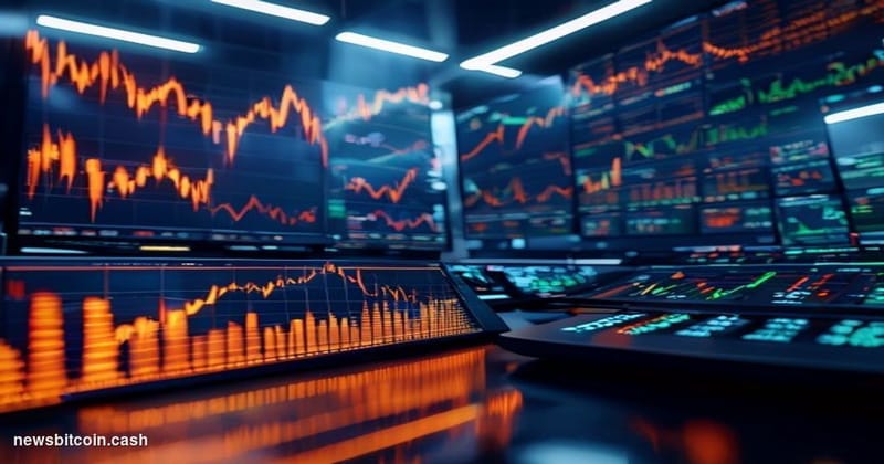 Cinematic photorealistic editorial photograph of a large financial trading floor with multiple curved screens displaying Bitc