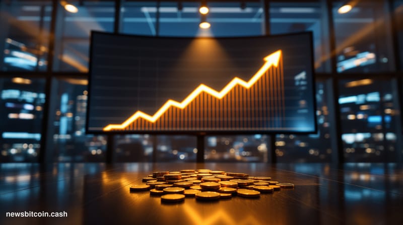 Cinematic photorealistic editorial photograph of a large curved financial trading screen mounted in a dimly lit institutional