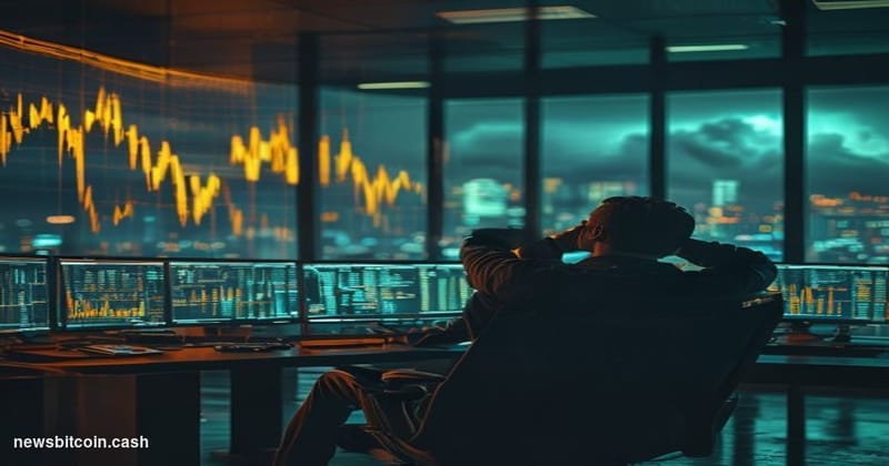 Cinematic photorealistic editorial photograph of a large financial trading floor at dusk, with multiple curved monitors displ