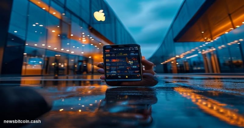 A cinematic photorealistic editorial photograph shot from a low angle looking up at a polished Apple Store glass facade at du