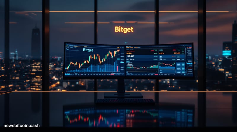 Cinematic photorealistic editorial photograph of a sleek trading terminal dashboard glowing in deep blue and amber tones, spl