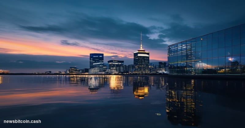 Cinematic photorealistic editorial photograph of the Auckland skyline at dusk, shot from the waterfront with the Sky Tower pr