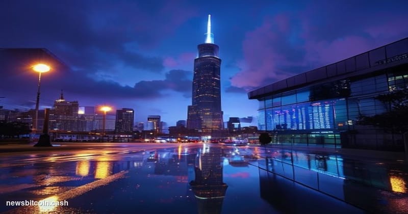 Cinematic photorealistic editorial photograph of Auckland's skyline at dusk, dominated by the iconic Sky Tower rising against