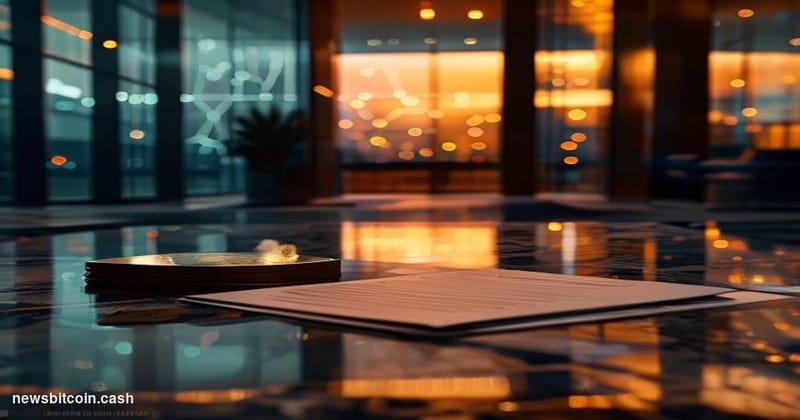 Cinematic photorealistic editorial photograph of a sleek, glass-and-steel financial institution lobby at dusk, dramatic low-a