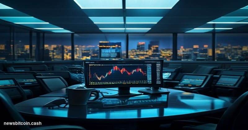 A cinematic photorealistic editorial photograph of a shuttered financial trading floor, dramatically lit from above with cold