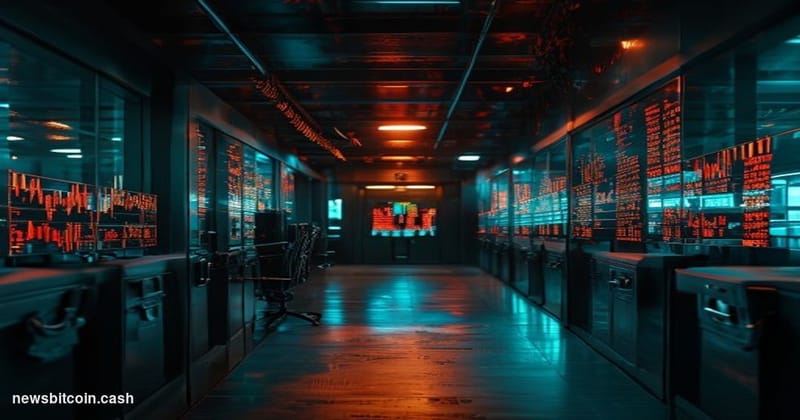 A cinematic photorealistic editorial photograph shot at a low angle looking up at a darkened cryptocurrency exchange trading 