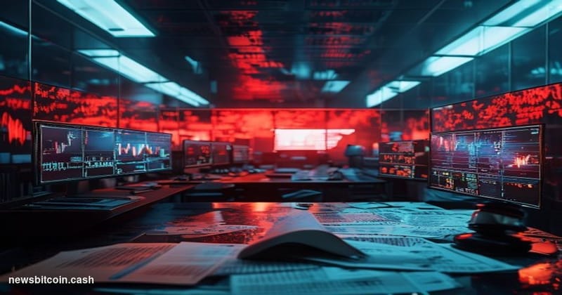 A cinematic photorealistic editorial photograph of a deteriorating cryptocurrency exchange trading floor frozen mid-session —