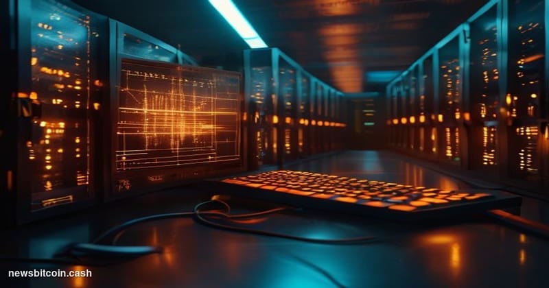 Cinematic photorealistic editorial photograph of a darkened server room with a single illuminated monitor displaying a "SHUTD