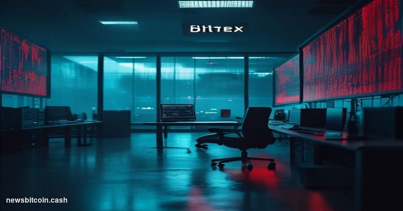 A cinematic photorealistic editorial photograph of a darkened cryptocurrency trading floor, lit from one side by a cold blue 