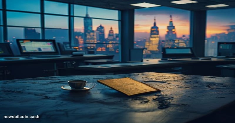 Cinematic photorealistic editorial photograph of a weathered cryptocurrency exchange trading floor interior, dimly lit with c