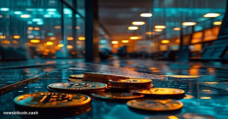 A cinematic photorealistic editorial photograph of a weathered, glass-and-steel exchange trading floor seen through rain-stre