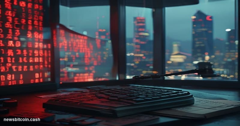 A cinematic photorealistic editorial photograph of a weathered, dimly lit trading floor terminal showing a cracked screen wit