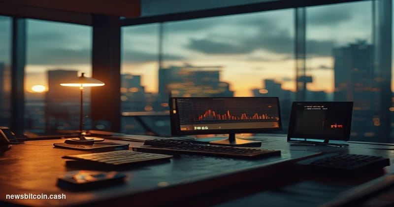 A cinematic photorealistic editorial photograph of a decommissioned trading terminal in a darkened, empty office, shot from a