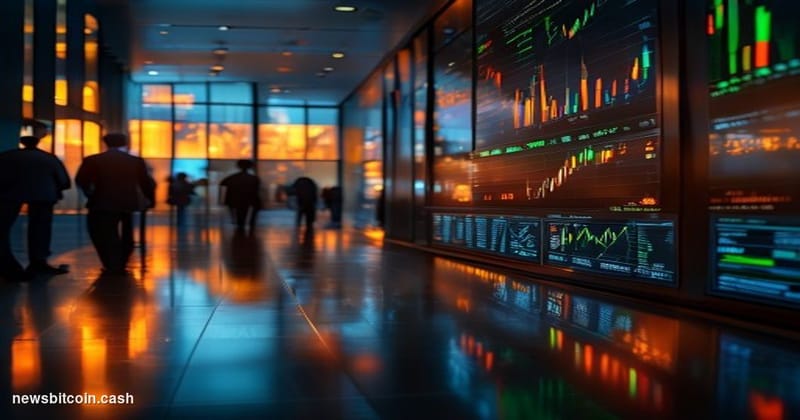 Cinematic photorealistic editorial photograph of a Wall Street trading floor environment at golden hour, dramatic low-angle s