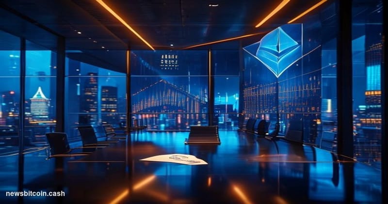 Cinematic photorealistic editorial photograph of a sleek corporate trading floor environment bathed in deep blue and amber li