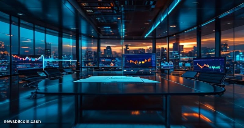 Cinematic photorealistic editorial photograph of a sleek corporate trading floor bathed in deep blue and amber light, with la