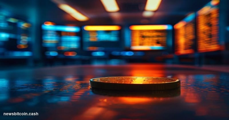 Cinematic photorealistic editorial photograph of a lone Bitcoin-branded trading terminal glowing amber in a darkened institut