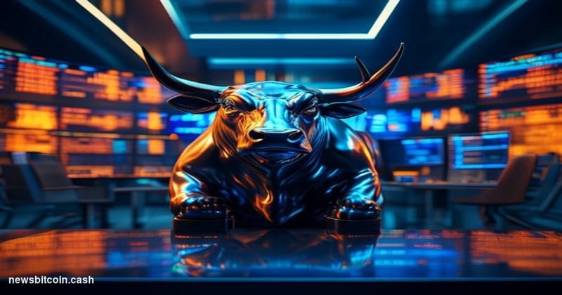 Cinematic photorealistic editorial photograph of a dramatic bull sculpture cast in deep bronze, positioned at the center of a