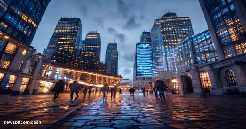 Cinematic photorealistic editorial photograph of the City of London financial district at dusk, with the iconic glass towers 