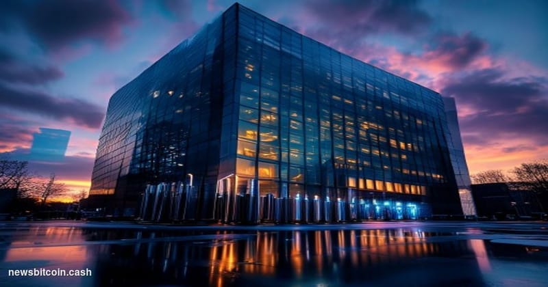 Cinematic photorealistic editorial photograph of a towering BlackRock corporate headquarters building at dusk, its glass faca