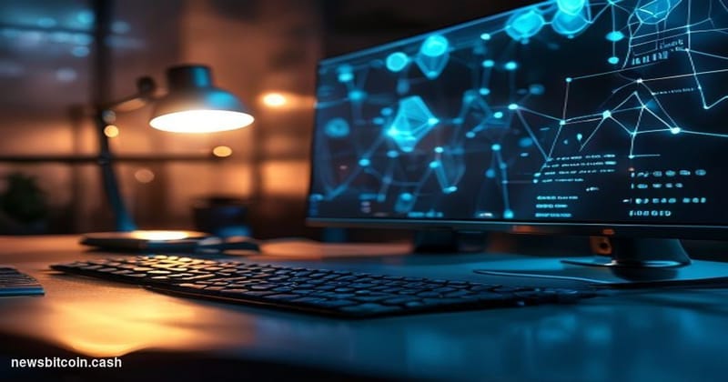 Cinematic photorealistic editorial photograph of a sleek, dimly lit developer workspace at night, with dual monitors displayi