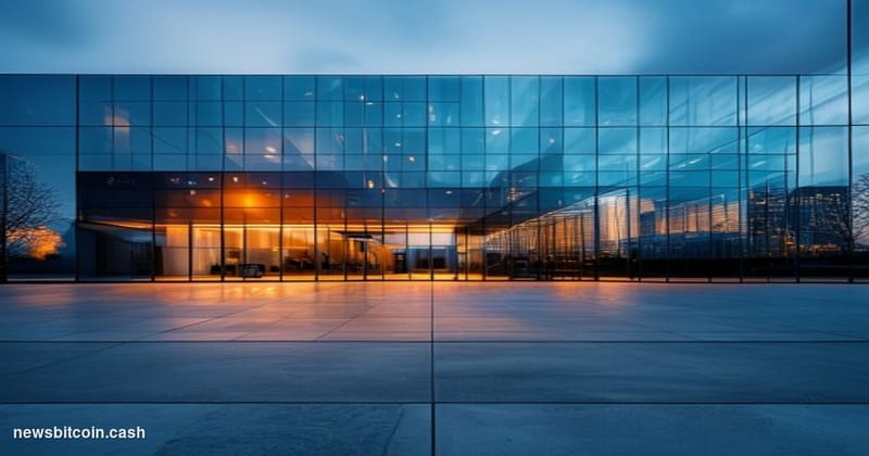 Cinematic photorealistic editorial photograph of a modern fintech corporate office exterior at dusk, representing Block, Inc.