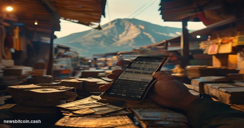 A cinematic photorealistic editorial photograph shot at ground level in a Bolivian market street in La Paz, with the iconic I