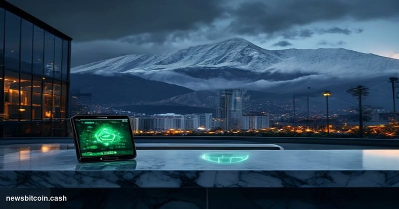 Cinematic photorealistic editorial photograph of the Bolivian government financial district in La Paz, with the iconic snow-c