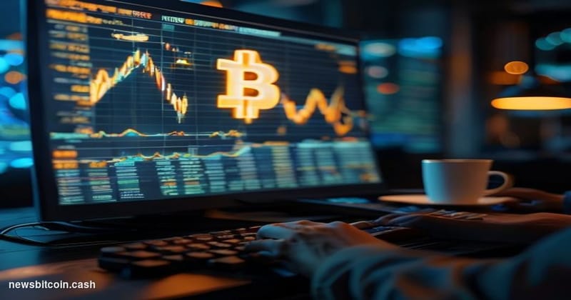 Cinematic photorealistic editorial photograph of a large curved trading terminal screen displaying a glowing Bitcoin price ch