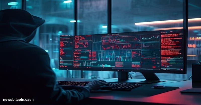Cinematic photorealistic editorial photograph of a darkened blockchain governance interface glowing on a large curved monitor
