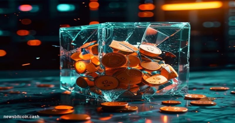 Cinematic photorealistic editorial photograph of a shattered digital governance ballot box rendered as a physical glass cube 