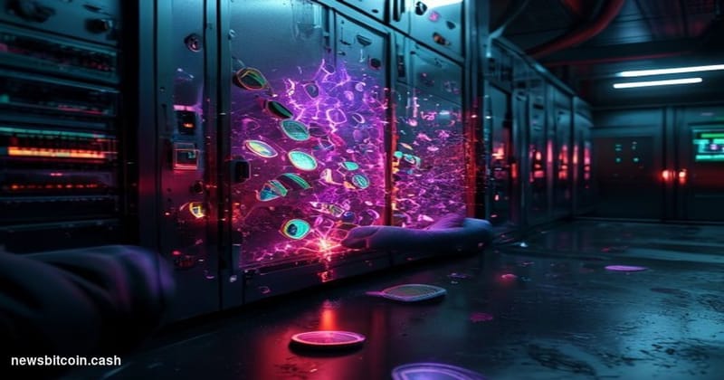 Cinematic photorealistic editorial photograph of a digital vault cracked open in a dark server environment, dramatic red and 