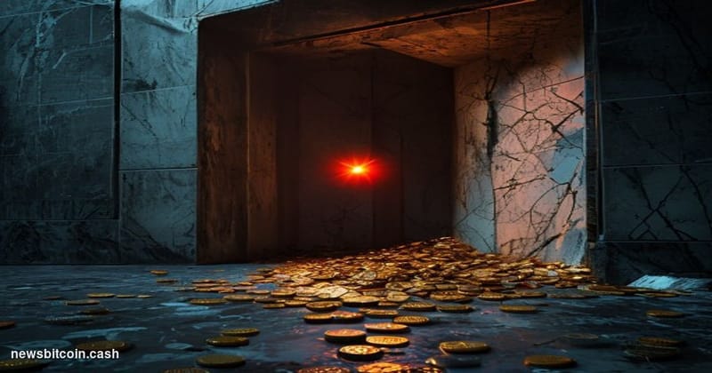 Cinematic photorealistic editorial photograph shot at ground level looking up at a cracked marble vault door swung open in a 