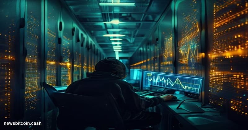 A cinematic photorealistic editorial photograph depicting the moment of a digital financial heist, set inside a darkened bloc