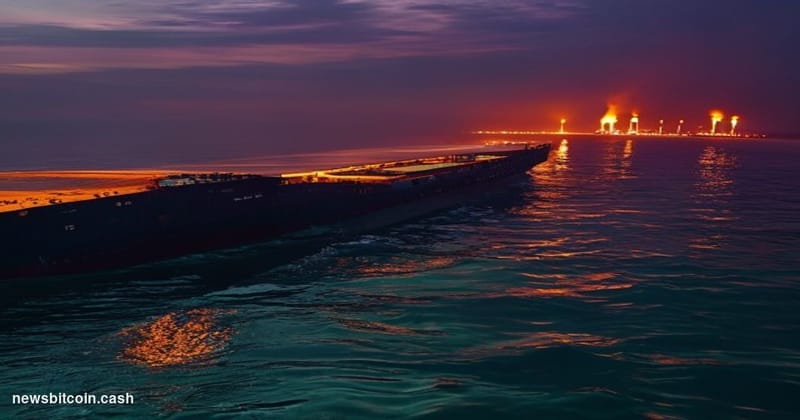Cinematic photorealistic editorial photograph of a massive oil tanker navigating the Strait of Hormuz at dusk, with the Persi