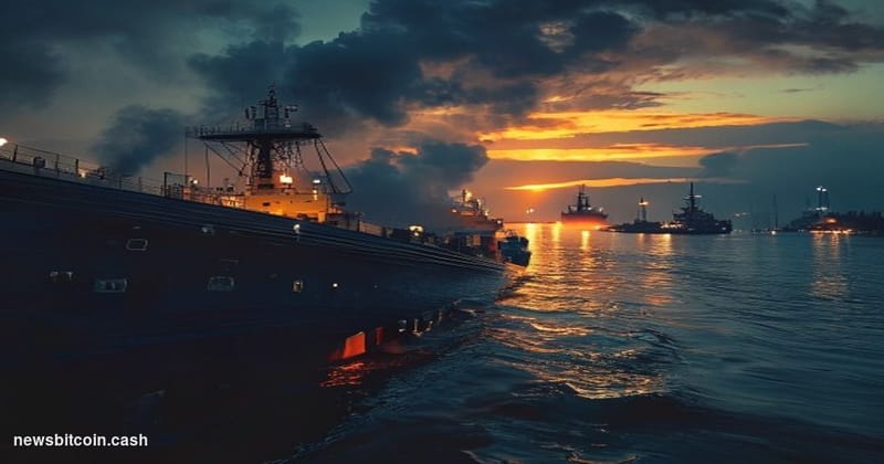 Cinematic photorealistic editorial photograph of an oil tanker navigating through a narrow, tension-filled strait at dusk, dr