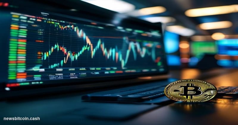 Cinematic photorealistic editorial photograph of a large Bitcoin price chart displayed on a curved trading terminal screen, d