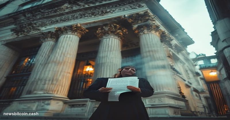 Cinematic photorealistic editorial photograph shot from a low angle looking up at the ornate neoclassical facade of a French 