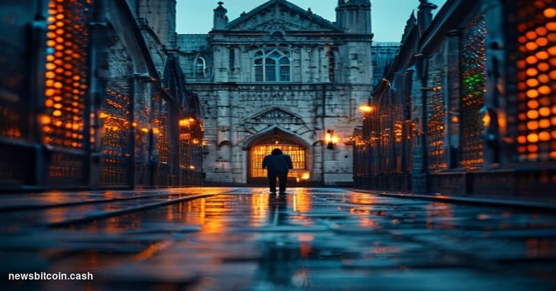 Cinematic photorealistic editorial photograph of the University of Cambridge's iconic King's College Chapel seen at dusk thro