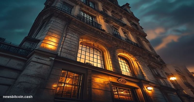 Cinematic photorealistic editorial photograph of a grand Haussmann-style Parisian financial district building at dusk, shot f