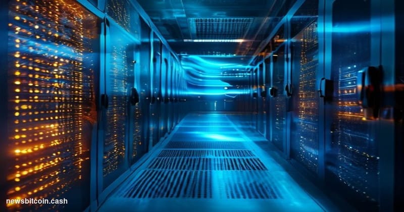 Cinematic photorealistic editorial photograph of a sleek blockchain infrastructure data center bathed in cool blue and teal l
